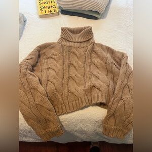 storets Taupe Cable-Knit Cropped Turtleneck Sweater